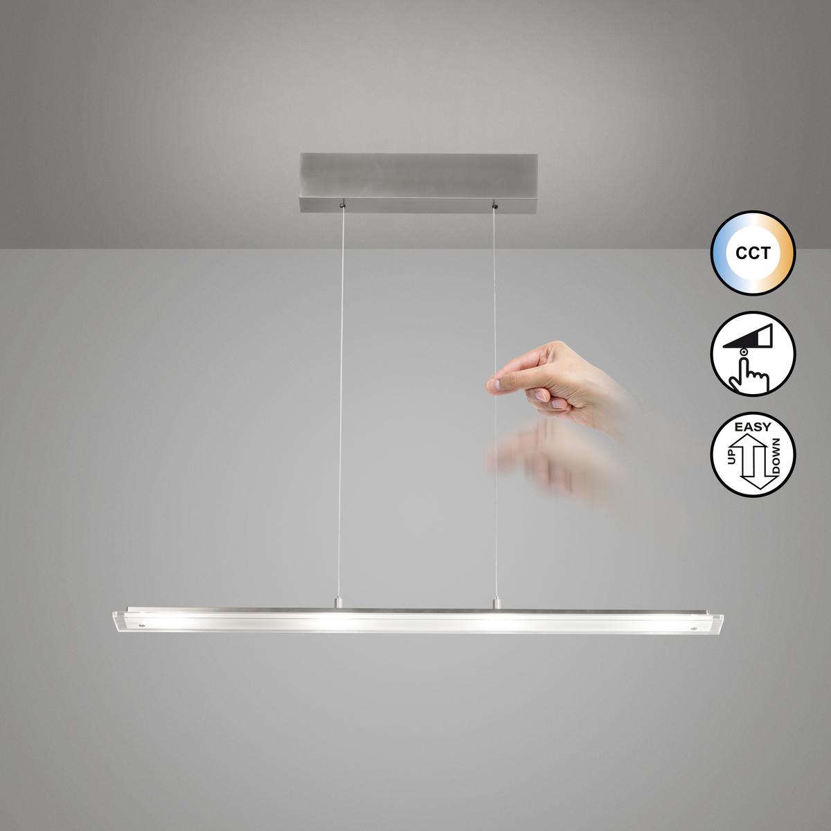 Bürobeleuchtung, Home-Officebeleuchtung, Wohnzimmerbeleuchtung, Restaurantbeleuchtung, Küchenbeleuchtung, LED Pendelleuchte, Nickel, CCT, Dimmer, Höhe verstellbar, Kabellift, 88 cm x 9 cm