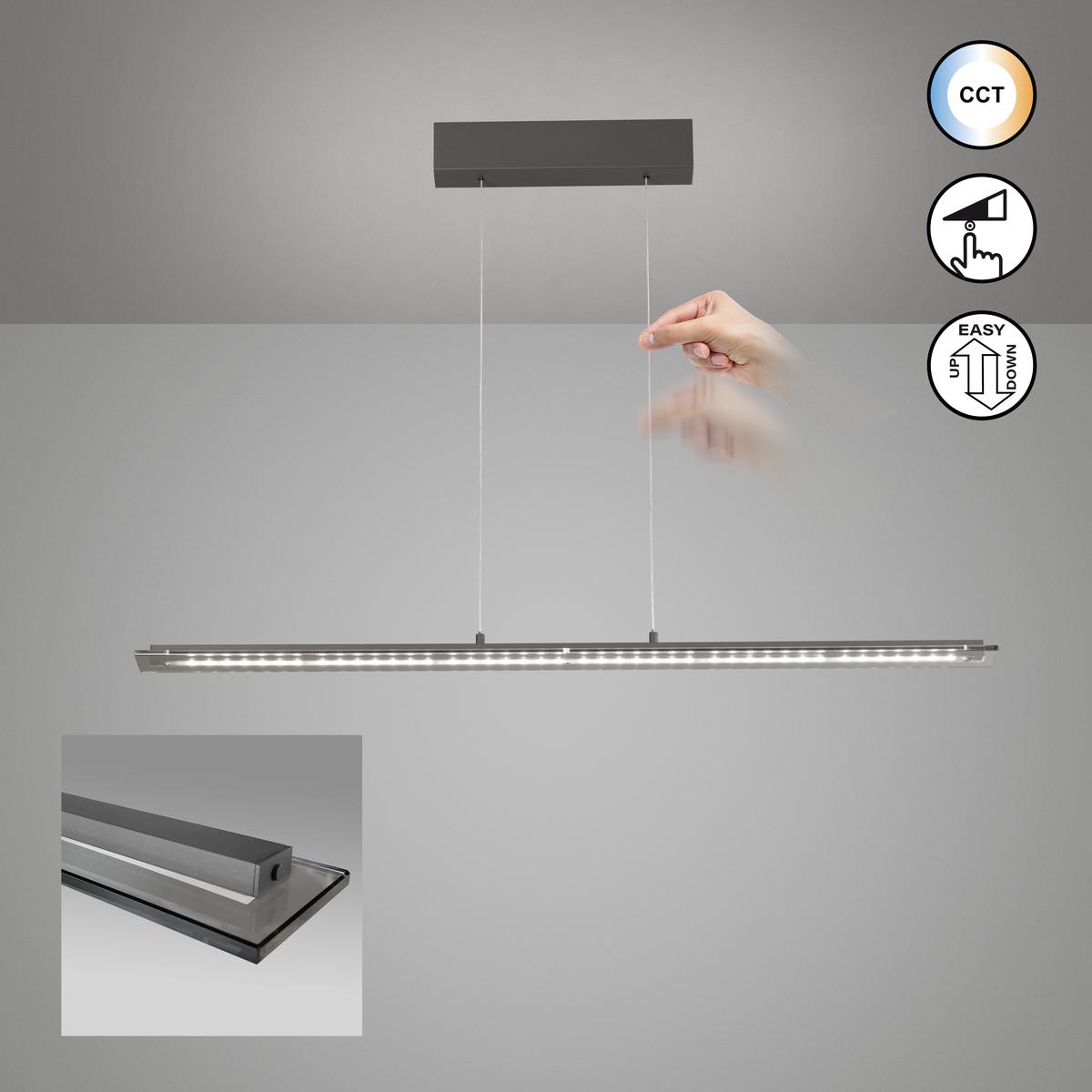 Wohnzimmerbeleuchtung, Aufenthaltsraumbeleuchtung, Esszimmerbeleuchtung, Restaurantbeleuchtung, Empfangsbeleuchtung, Lobbybeleuchtung, LED Pendelleuchte, Grau, CCT, Dimmer, Höhe verstellbar, Kabellift, 115 cm x 9 cm