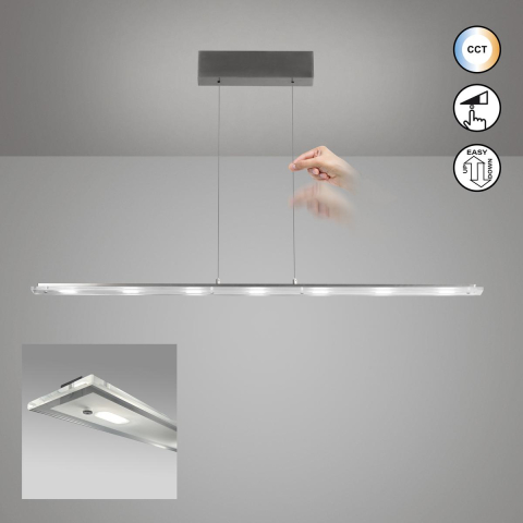 Éclairage de cabinet médical, éclairage de bureau, éclairage de salle à manger, éclairage d'hôtel, éclairage de cuisine, éclairage de salon, éclairage de restaurant, suspension LED, nickel, CCT, variateur, hauteur réglable, câble de levage, 135 cm x 9 cm