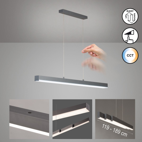 LED Pendelleuchte, Metall, Sandgrau, Dimmbar, CCT, Ausziehbar, 119 cm x 13 cm