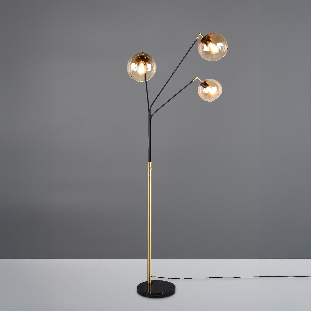 Stehleuchte, Metall, Glas, Amber, Schwarz, Gold, Schalter, 200 cm Höhe