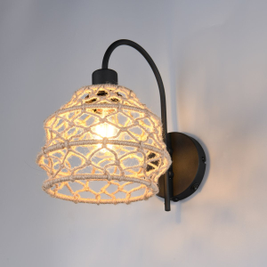 Wandleuchte, Schwarz, Metall, Hanf, Natur, 31 cm x 20 cm