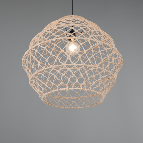 Pendelleuchte, Metall, Rund, Hanf, Natur, Höhe anpassbar, Boho, 60 cm Ø
