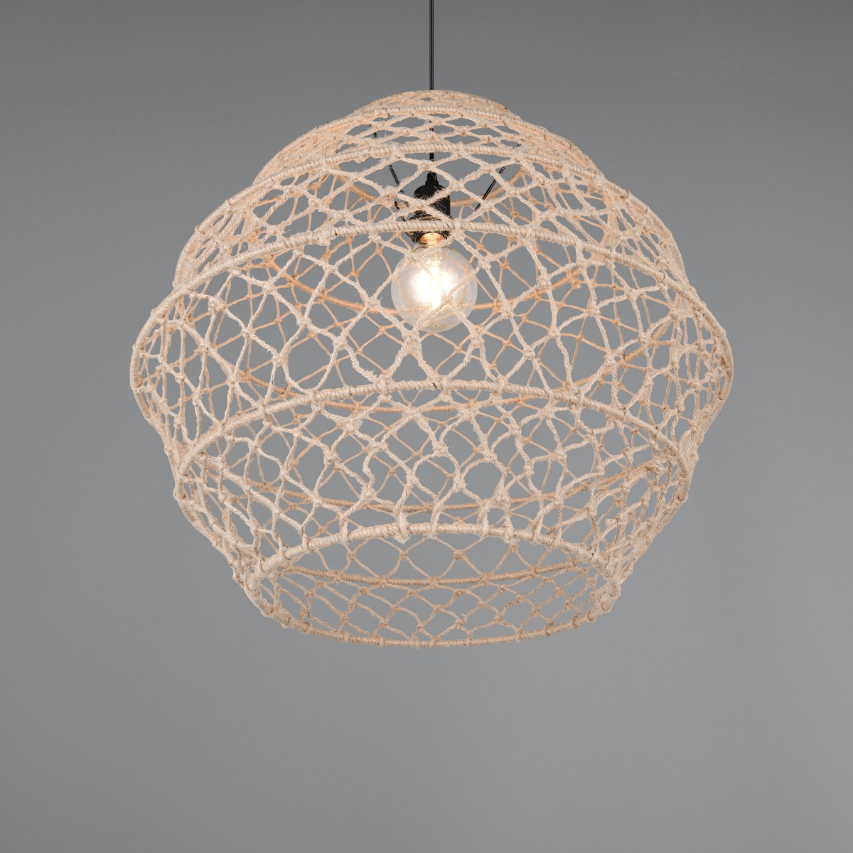 Pendelleuchte, Metall, Rund, Hanf, Natur, Höhe anpassbar, Boho, 60 cm Ø