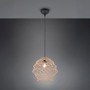 Pendelleuchte, Metall, Rund, Hanf, Natur, Höhe anpassbar, Boho, 39 cm Ø