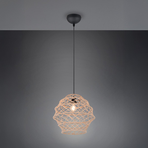 Pendelleuchte, Metall, Rund, Hanf, Natur, Höhe anpassbar, Boho, 39 cm Ø