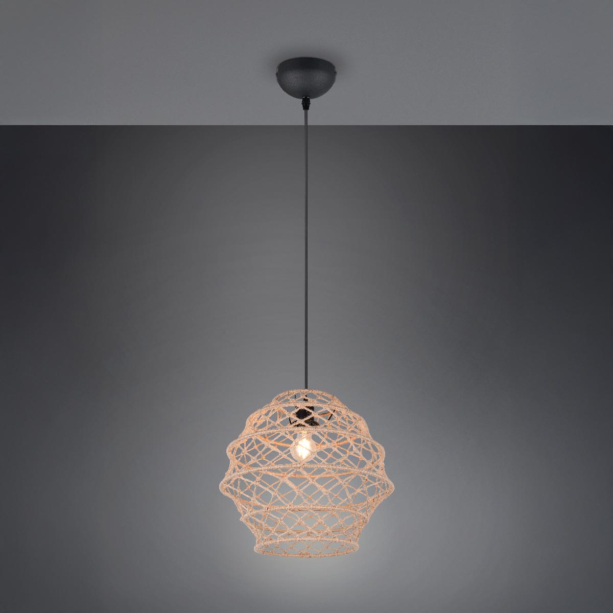 Pendelleuchte, Metall, Rund, Hanf, Natur, Höhe anpassbar, Boho, 39 cm Ø