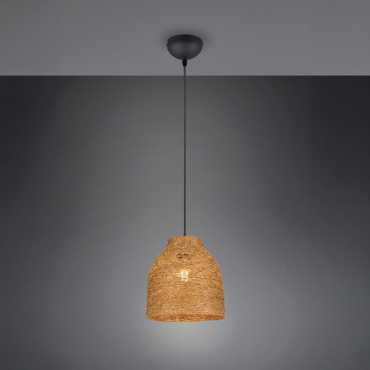 Pendelleuchte, Papiergarn, Braun, Rund, Höhe anpassbar, Boho, 25 cm Ø