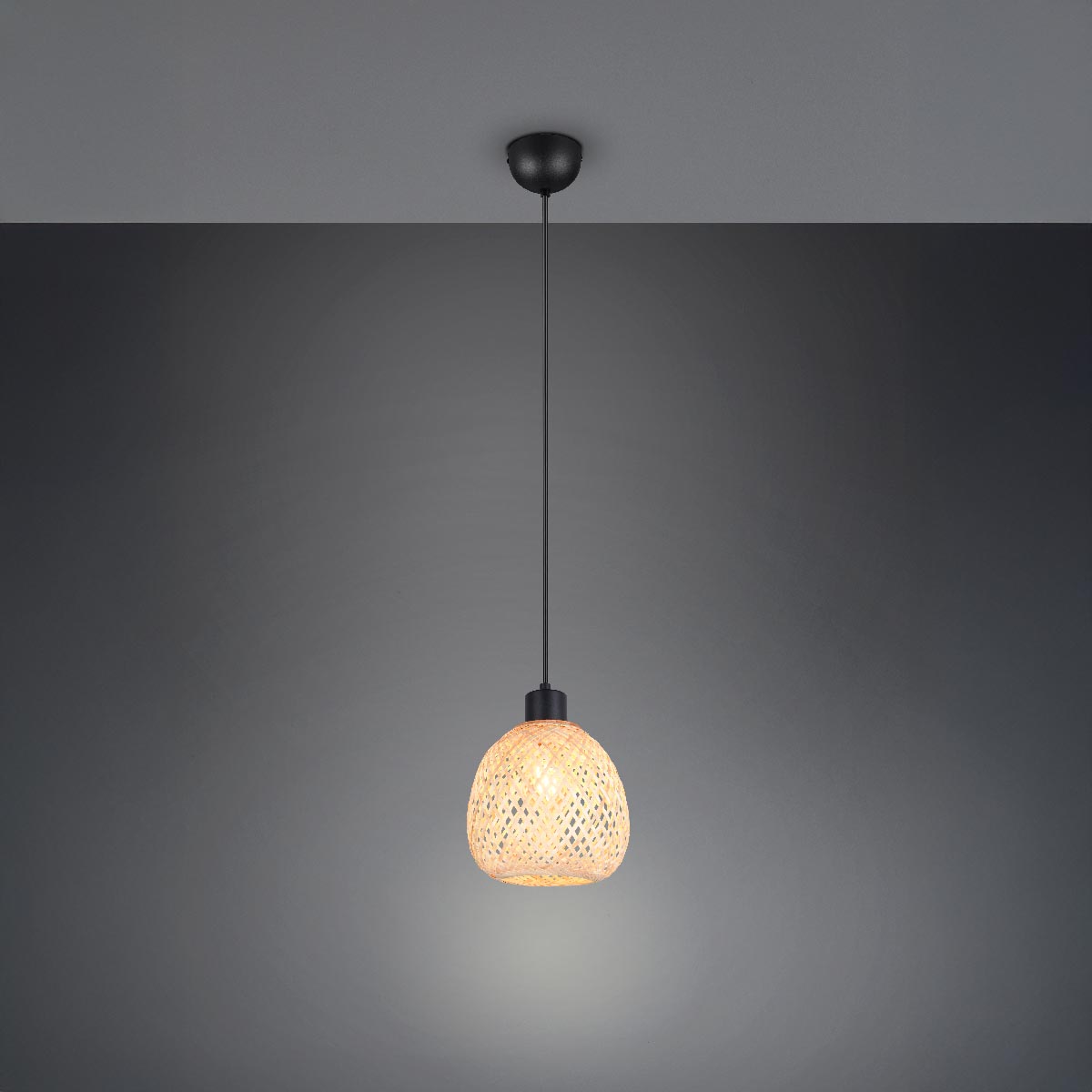 Pendelleuchte, Bambus, Schwarz, Metall, Höhe anpassbar, 18 cm Ø
