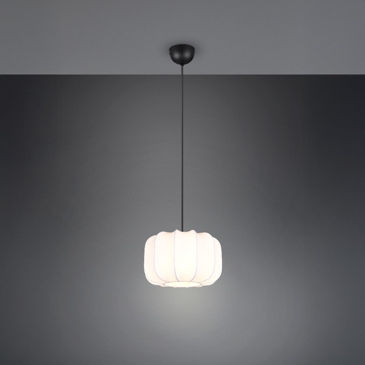 Pendelleuchte, Schwarz, Weiss Metall, Stoff, Rund, Höhe anpassbar, 25 cm Ø