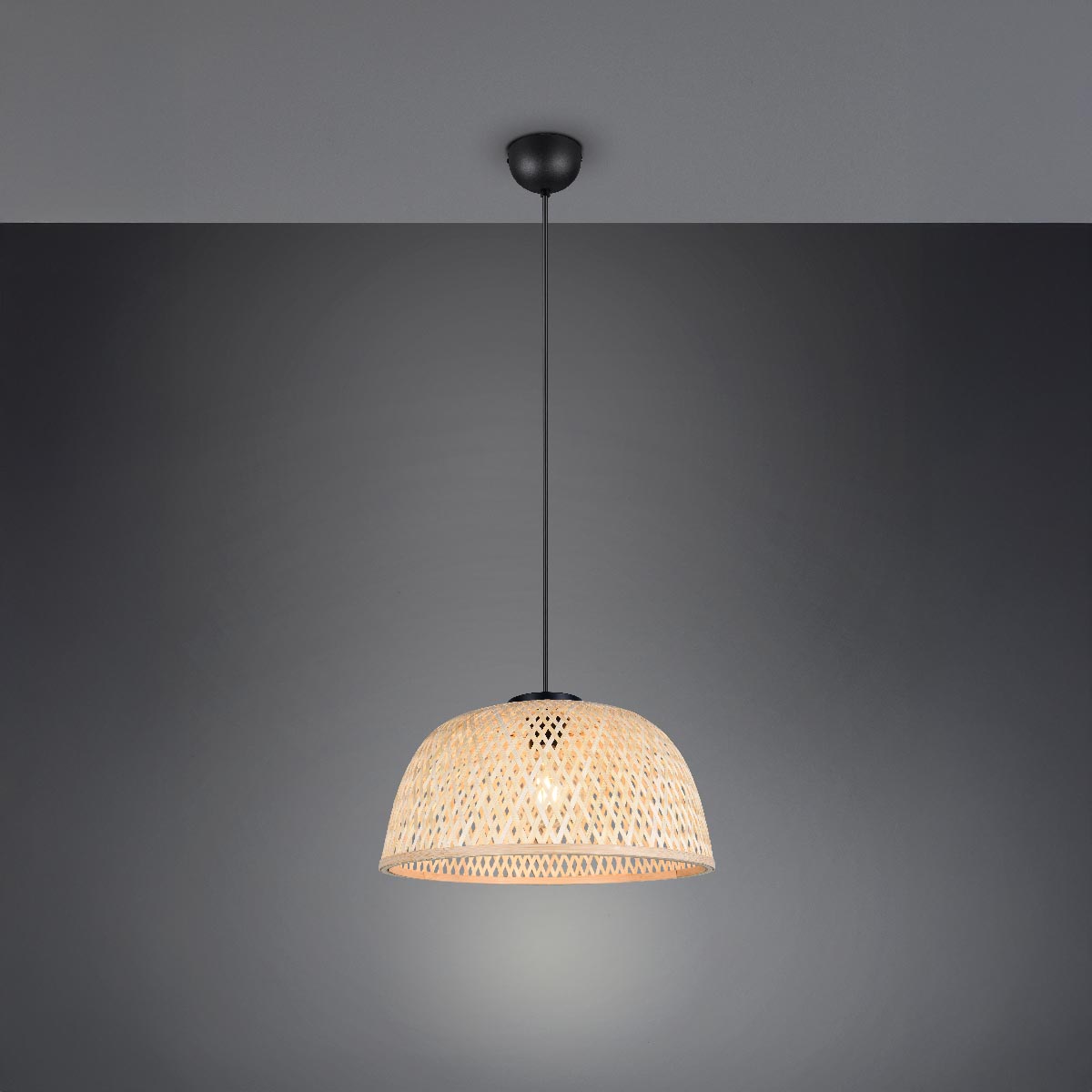 Pendelleuchte, Schwarz, Metall, Bambus, Natur, Höhe anpassbar, 40 cm Ø