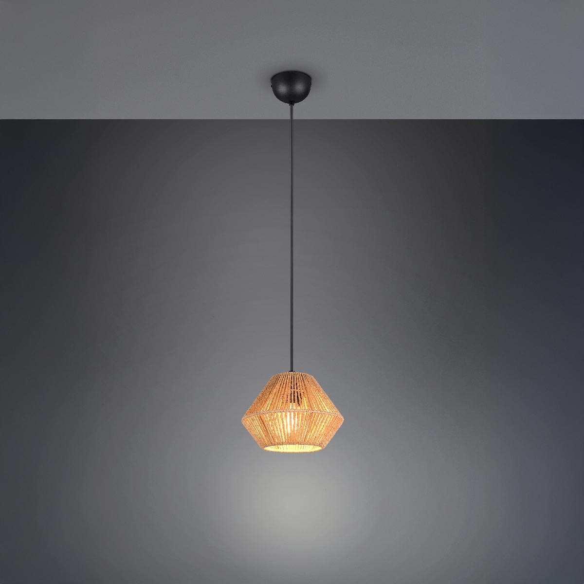 Pendelleuchte, Braun, Schwarz, Papiergarn, Korb, Höhe anpassbar. 20 cm Ø