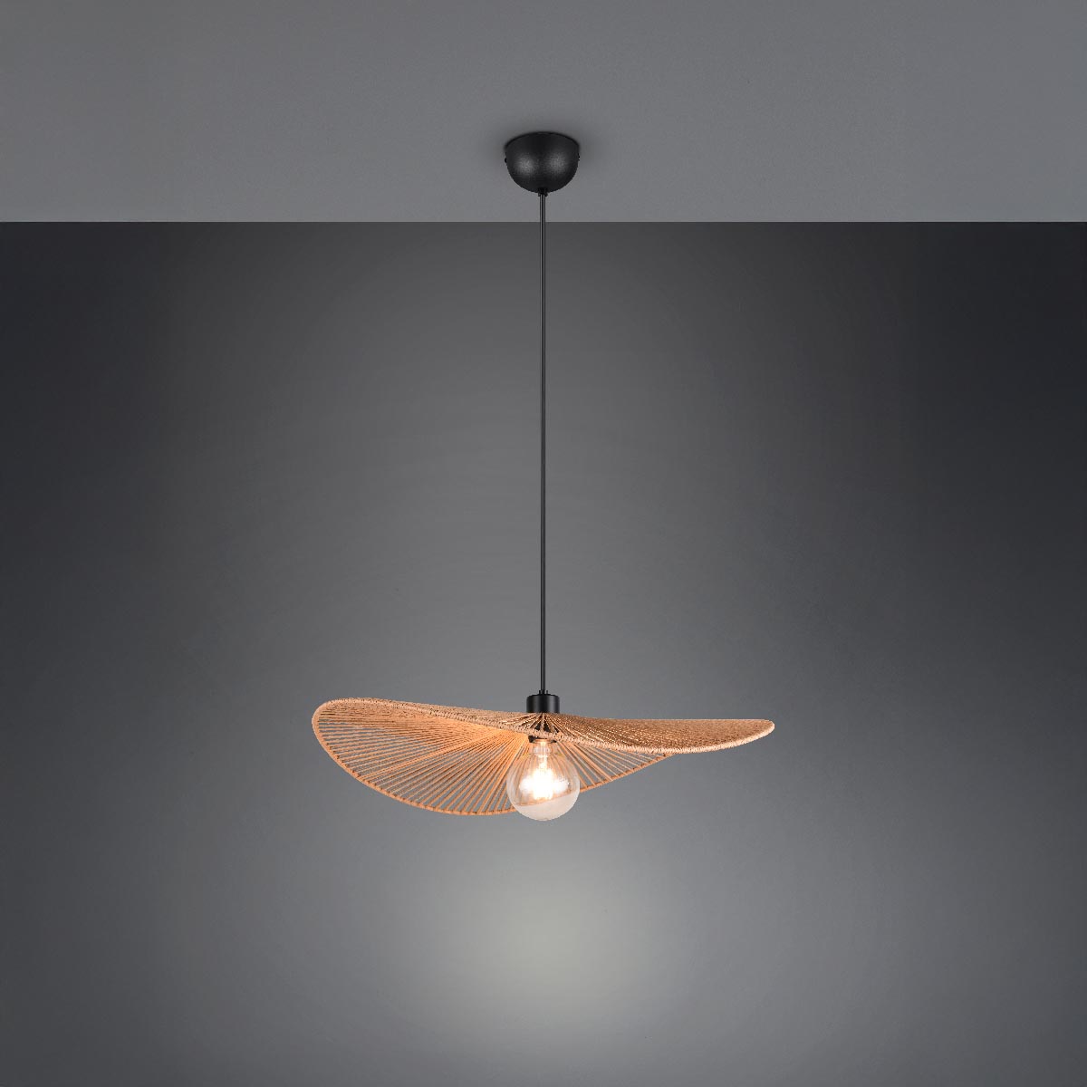 Pendelleuchte, Schwarz, Braun, Papiergarn, Höhe anpassbar, 58 cm Ø