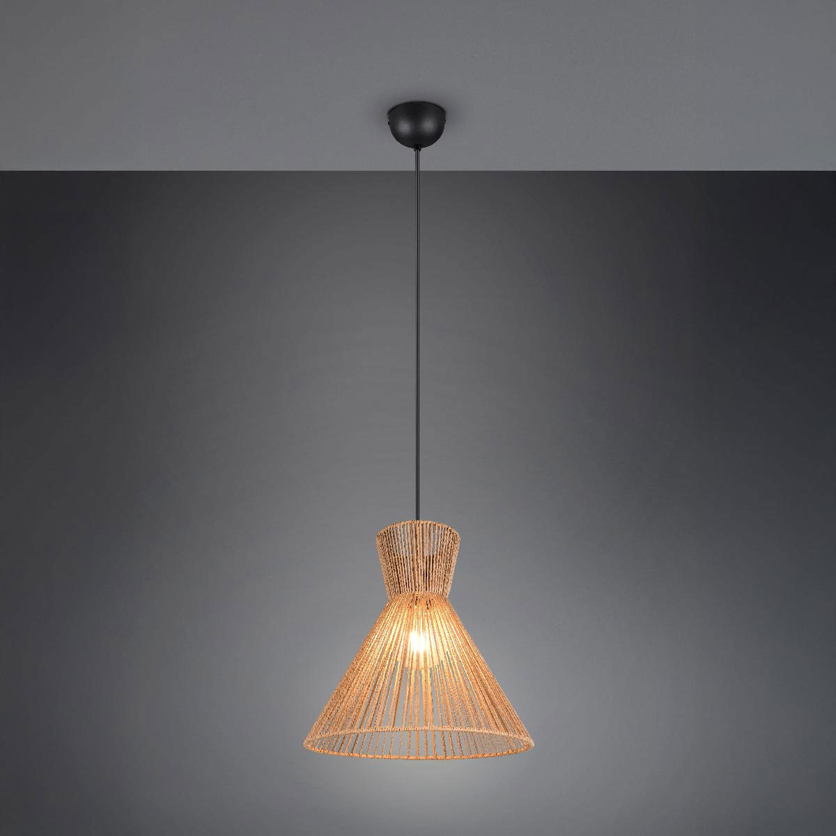 Pendelleuchte, Schwarz, Braun, Kegel, Papiergarn, Höhe verstellbar, 35 cm Ø