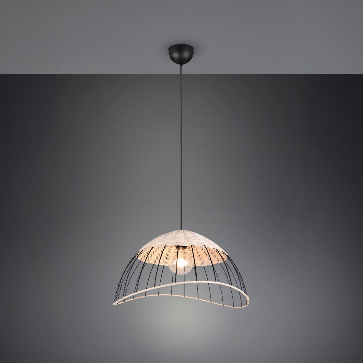 Pendelleuchte, Schwarz, Natur, Rattan, Metall, Höhe anpassbar, 48 cm Ø