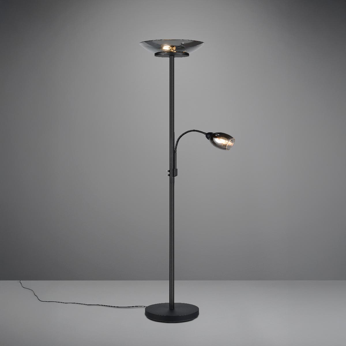 Stehleuchte, Schwarz, Metall, Glas, Lesearm, Schalter, 180 cm Höhe