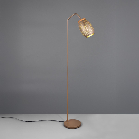 Stehleuchte, Coffee, Goldfarbe, Metall, Holz, Fussschalter, 147 cm Höhe
