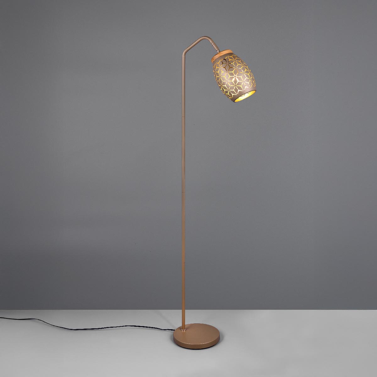 Stehleuchte, Coffee, Goldfarbe, Metall, Holz, Fussschalter, 147 cm Höhe