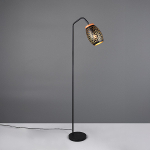 Stehleuchte, Metall, Holz, Schwarz, Gold, Fussschalter, 147 cm Höhe