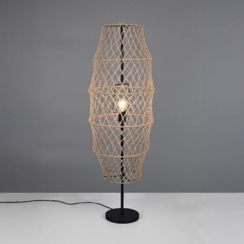 Stehleuchte, Schwarz, Metall, Hanf, Natur, Boho-Design, Fussschalter, 120 cm Höhe