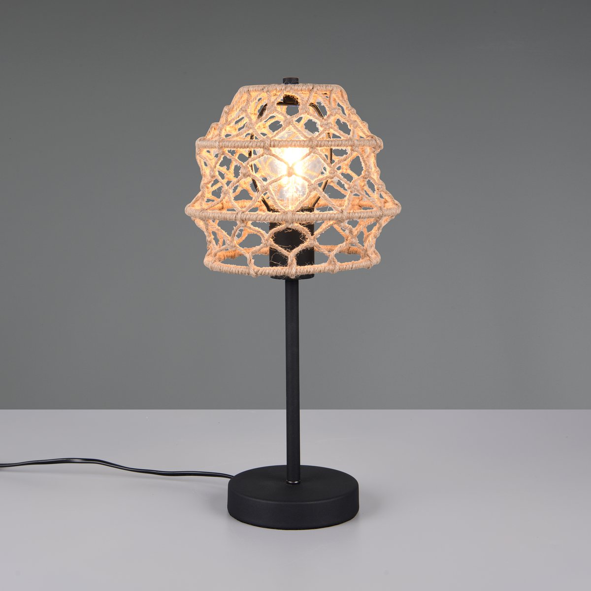 Tischleuchte, Metall, Hanf, Schwarz, Natur, Schnurschalter, 42 cm Höhe