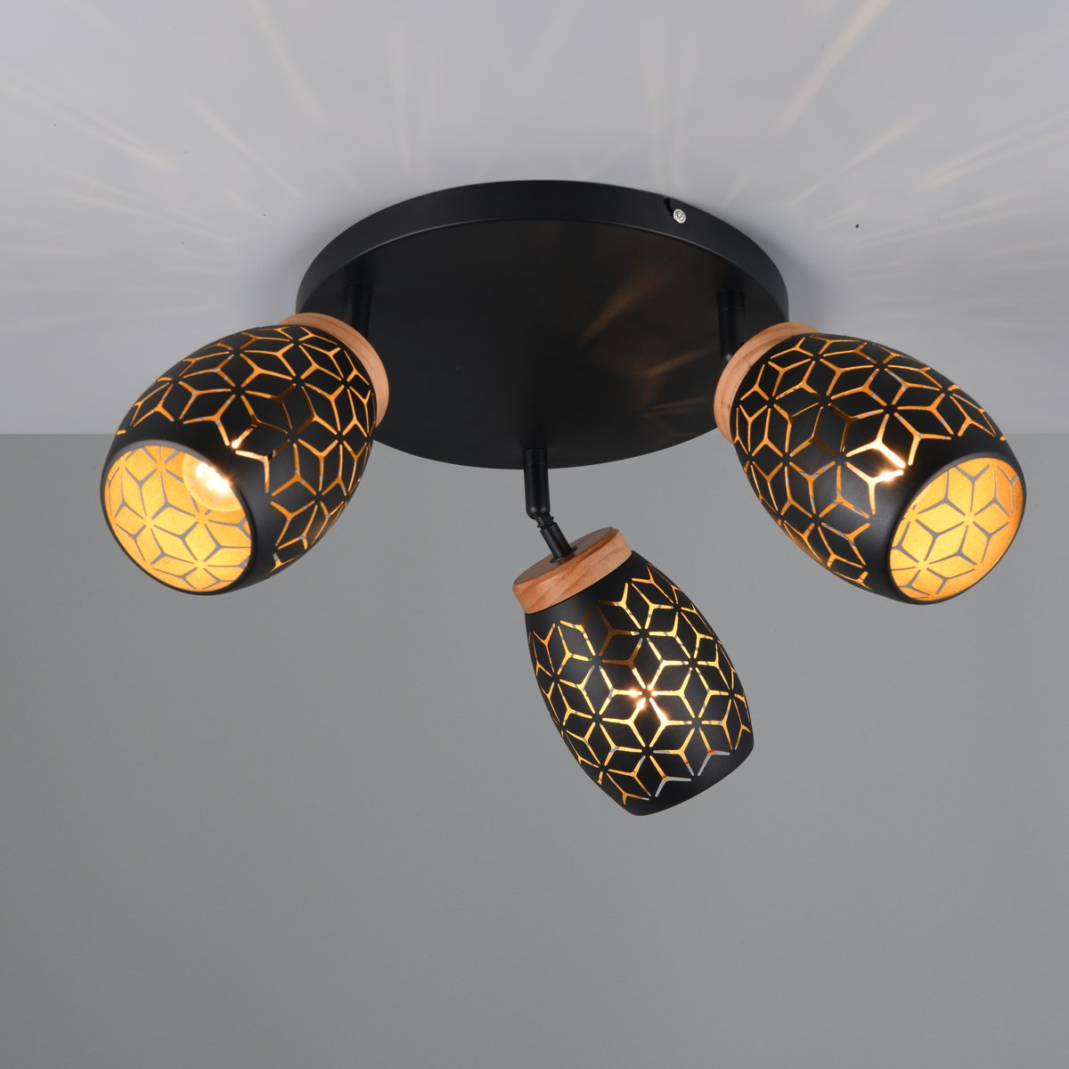 Deckenleuchte, 3 Spots, Schwarz, Gold, Metall, Holz, 58 cm Ø