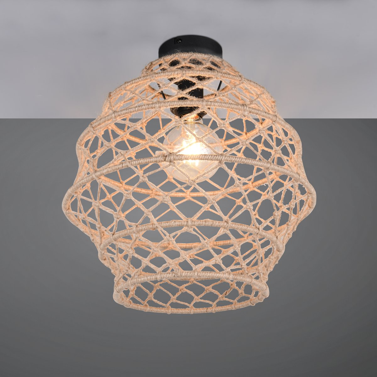 Deckenleuchte, Natur, Hanf, Schwarz, Metall, 39 cm Ø