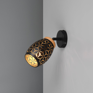 Strahler, Schwarz, Gold, Metall, Muster, Holzakzent, Schalter, 27 cm Höhe