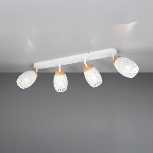 Strahler, 4 Spots, Weiss, Metall, Holzakzente, E14, 74 cm x 12 cm