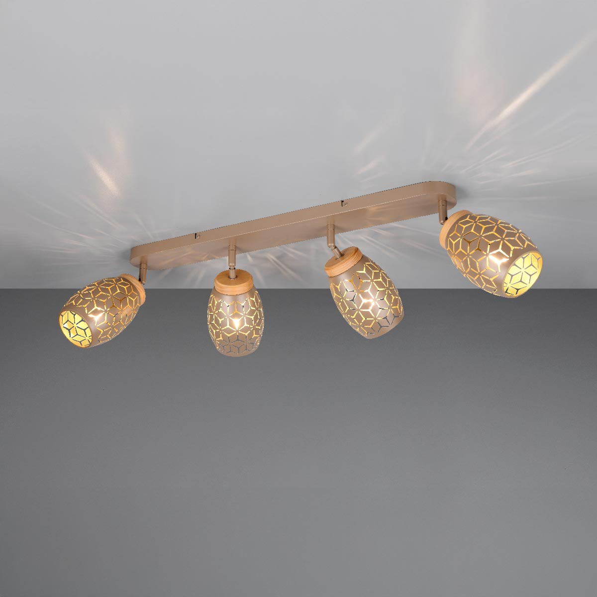 Strahler, 4 Spots, Coffee, Metall, Holzakzent, 74 cm x 12 cm