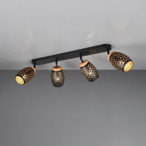 Deckenstrahler, 4 Spots, Schwarz, Metall, Holz, Schwenkbar, 74 cm x 12 cm