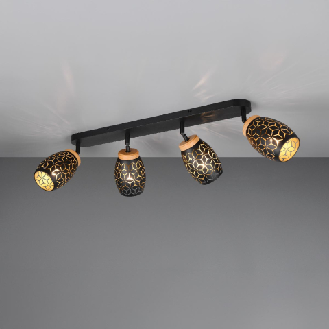 Deckenstrahler, 4 Spots, Schwarz, Metall, Holz, Schwenkbar, 74 cm x 12 cm