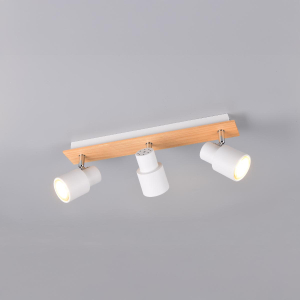 Deckenleuchte, 3 Strahler, Weiss, Braun, Holz, Metall, Schwenkbar, 46 cm x 6 cm