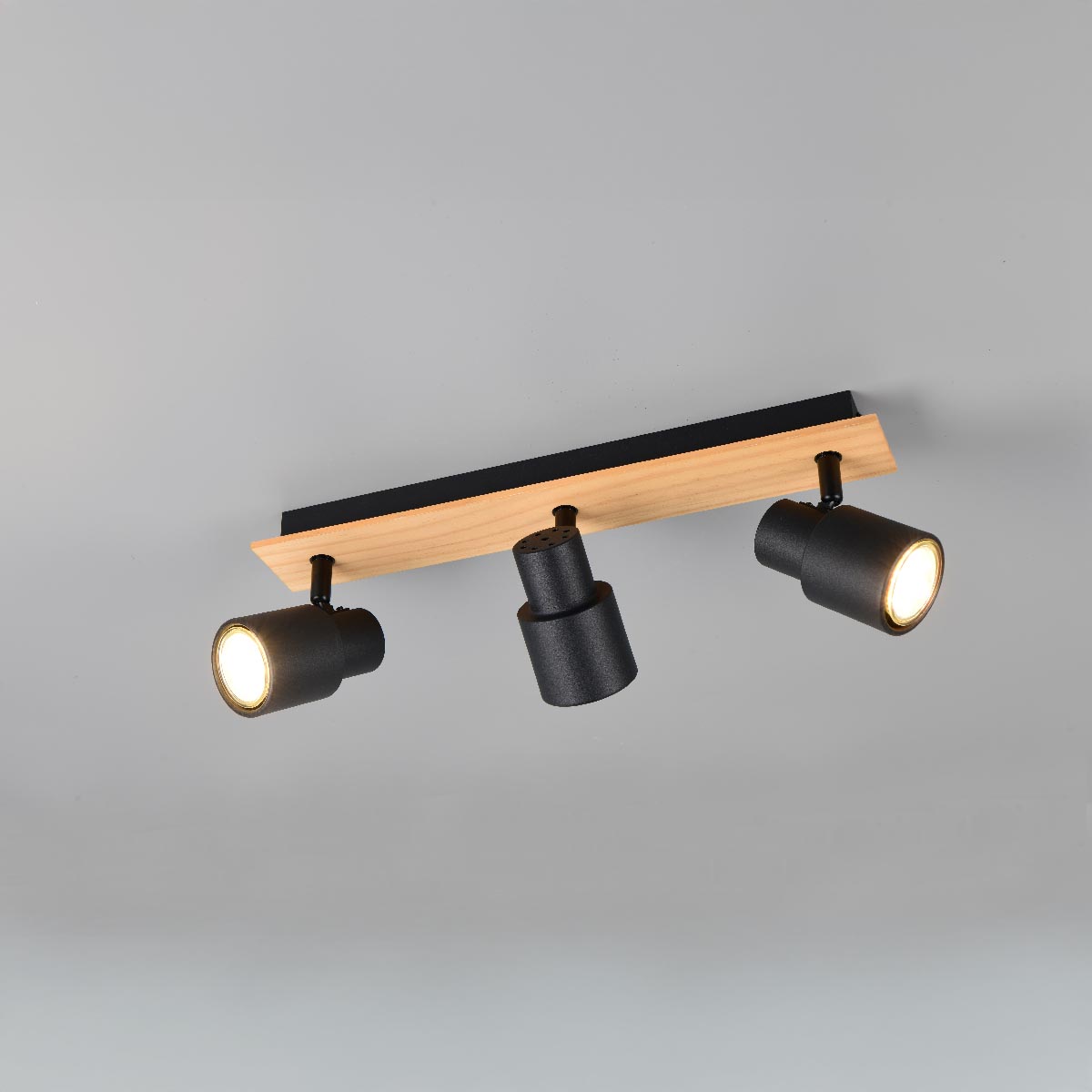 Deckenleuchte, Strahler, Metall, Holz, Schwarz, 3 Spots, 46 cm x 15 cm