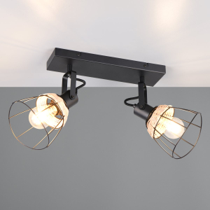 Strahler, 2 Spots, Metall, Rattan, Schwarz, Natur, 36 cm x 21 cm