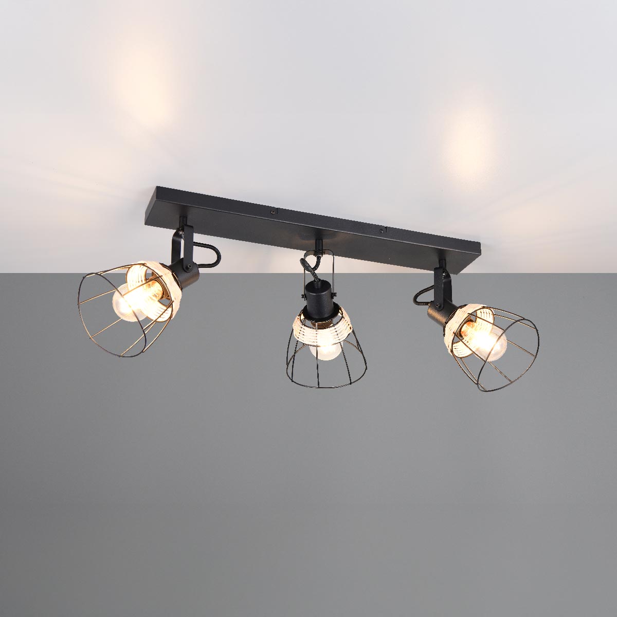 Strahler, 3 Spots, Schwarz, Natur, Rattan, Metall, 62 cm x 21 cm