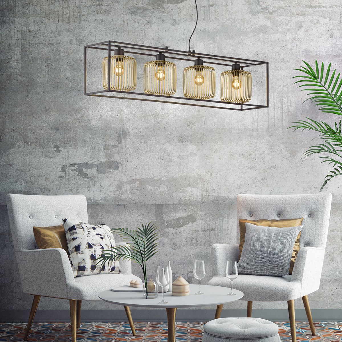 Restaurantbeleuchtung Tresenbeleuchtung Pendelleuchte, Rahmen, Gold, Lichteffekt, 4 Strahler, 110 cm x 23 cm, Wohnraumbeleuchtung,  Thekenbeleuchtung, Rezeptionsbeleuchtung, Antikes Design, Vintageleuchte