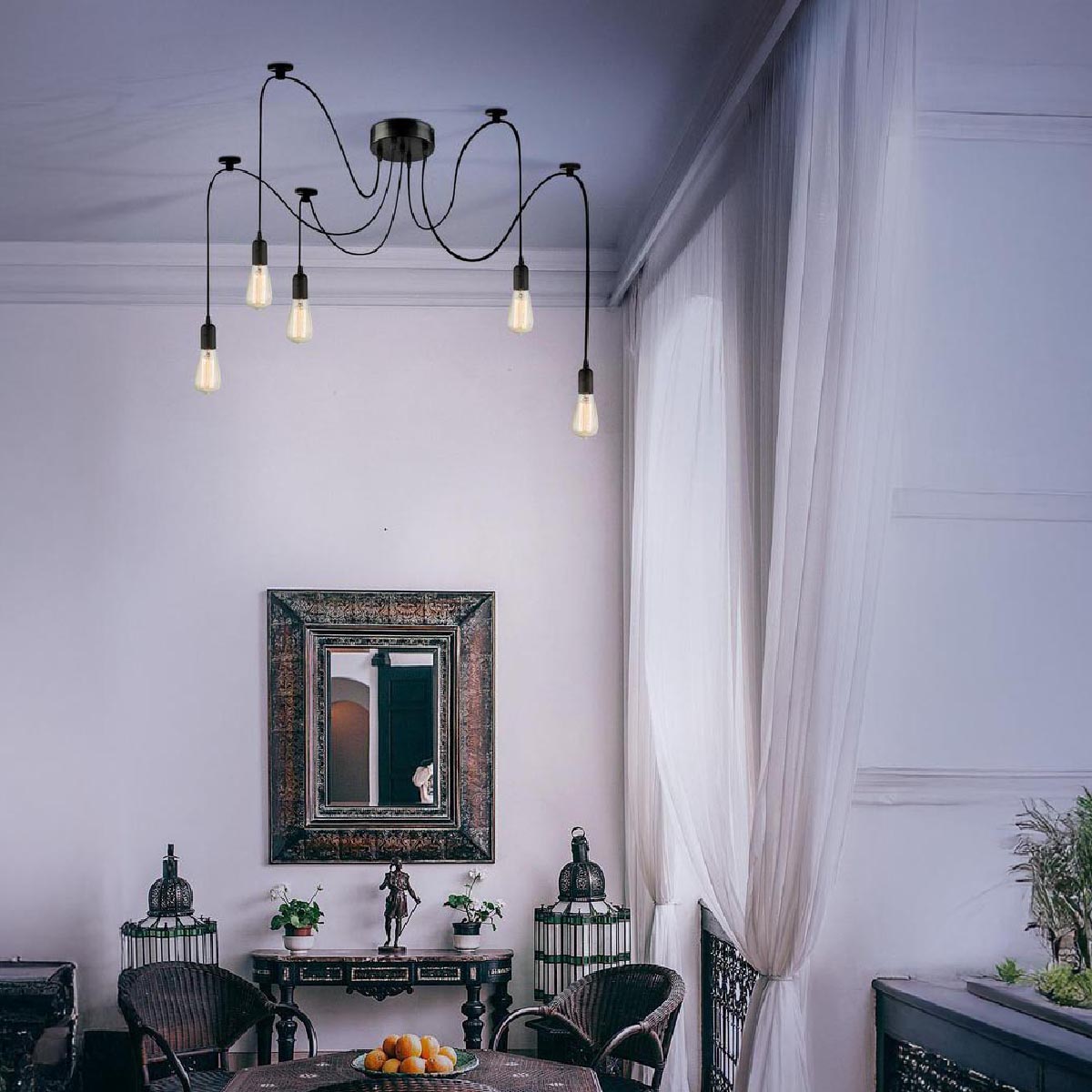 Hängeleuchte, 5 Pendel, Schwarz, Indirekte Aufhängung, Esszimmerpendelleuchte, Cafébeleuchtung, Gastoleuchte, Seilaufhängung, Innenraumbeleuchtung, Wohnraumbeleuchtung, IP20