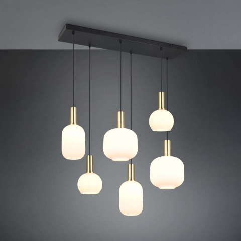 Pendelleuchte, Metall, Glas, MEssing, Weiss, 6 Strahler, 92 cm x 35 cm