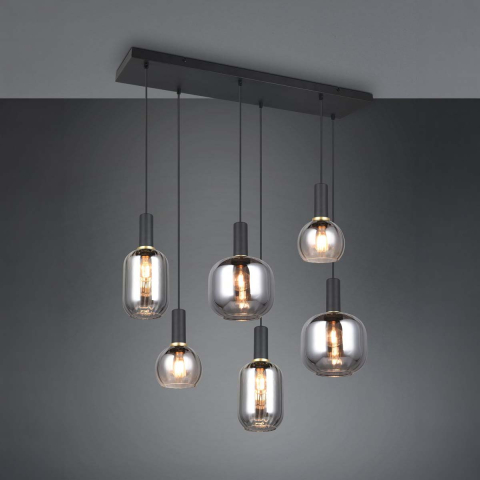 Pendelleuchte, Metall, Glas, Schwarz, Chrom, 6 Strahler, 92 cm x 35 cm