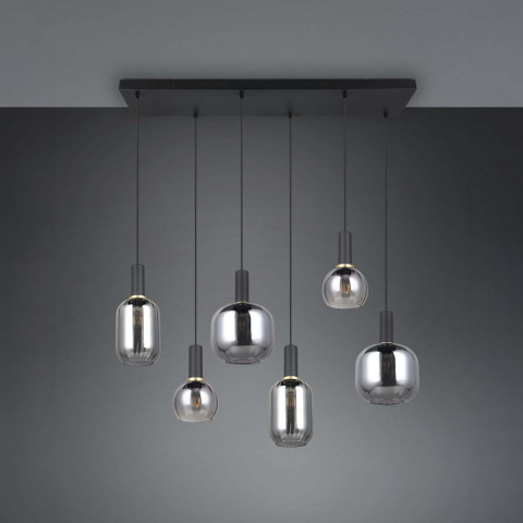 Pendelleuchte, Metall, Glas, Schwarz, Chrom, 6 Strahler, 92 cm x 35 cm