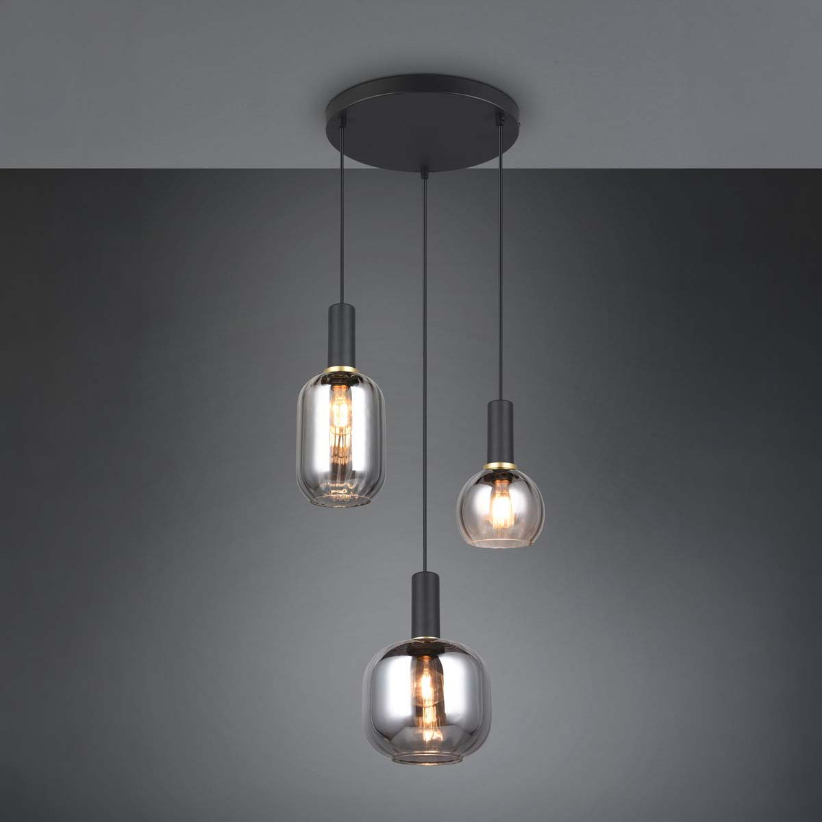 Pendelleuchte, Metall, Glas, Schwarz, Höhe anpassbar, 30 cm Ø
