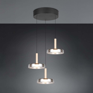 LED Pendelleuchte, Glas, Höhe verstellbar, 3 Strahler, Switch Dimmer, 35 cm Ø