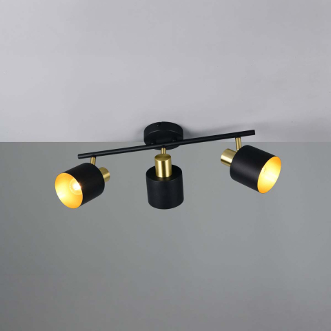 3er Strahler, Metall, Schwarz, Gold, Schwenkbar, 54 cm x 10 cm