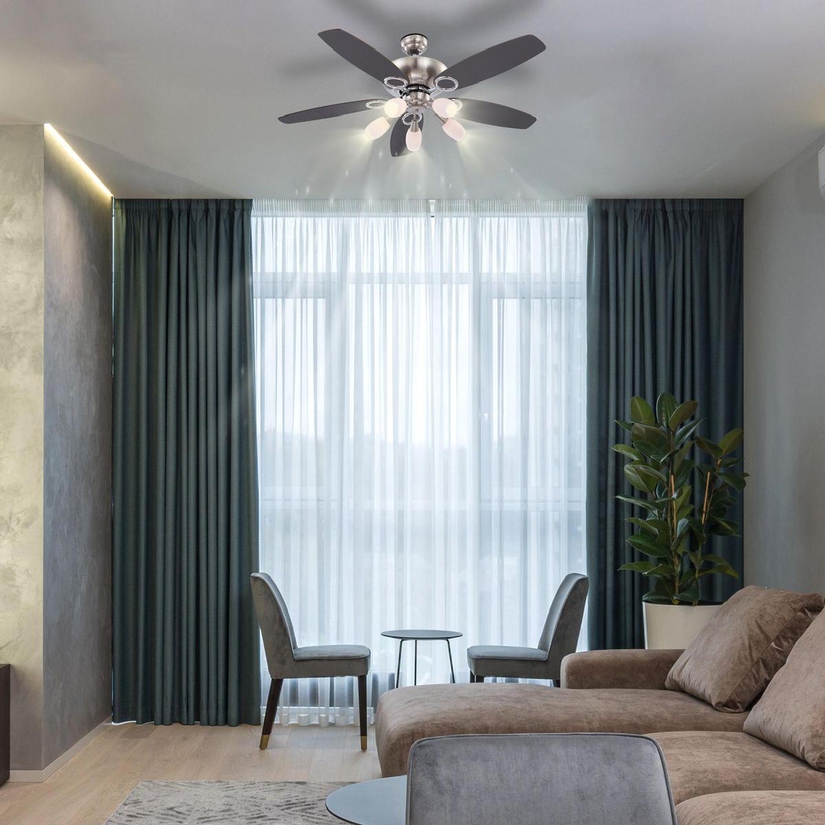 Deckenleuchte, Ventilator, Chrom, Nickel, Glas, 5 Spots, 130 Ø