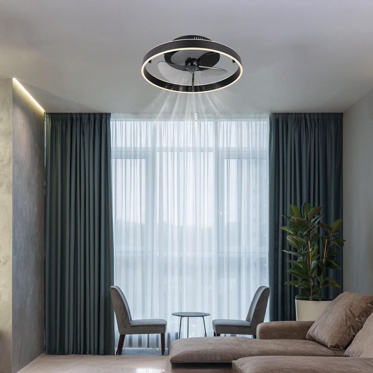 LED Deckenleuchte, Schwarz, Ventilator, Dimmbar, Fernbedienung, 50 cm Ø
