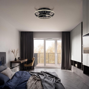 Plafonnier LED, ventilateur, forme annulaire, métal, noir, télécommande, CCT, intensité variable, 50 cm Ø