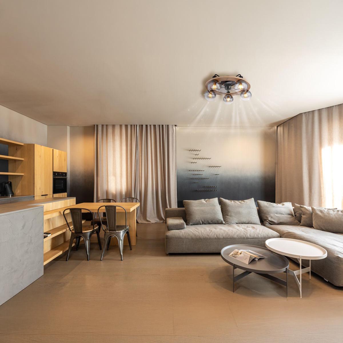 Deckenleuchte, Ventilator, Schwarz, Metall, Glas, Holz, Fernbedienung, 55 cm Ø