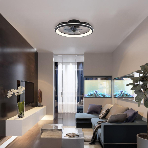 Plafonnier LED, ventilateur, métal noir, CCT, variateur, minuterie, télécommande, Ø 50 cm
