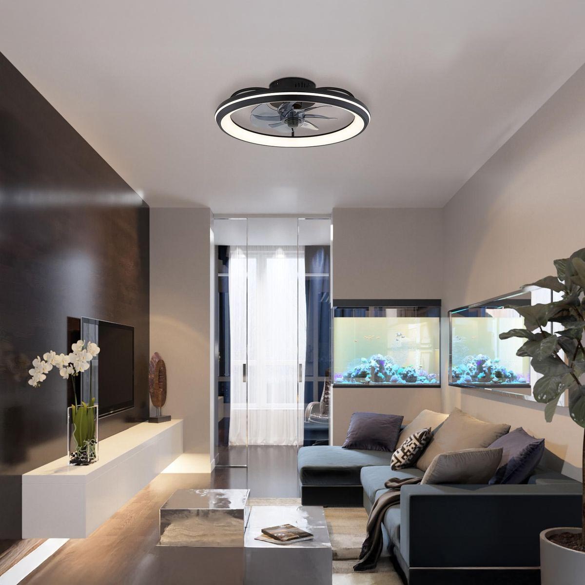 LED Deckenleuchte, Ventilator, Schwarz Metall, CCT, Dimmer, Timer, Fernbedienung, Ø 50 cm